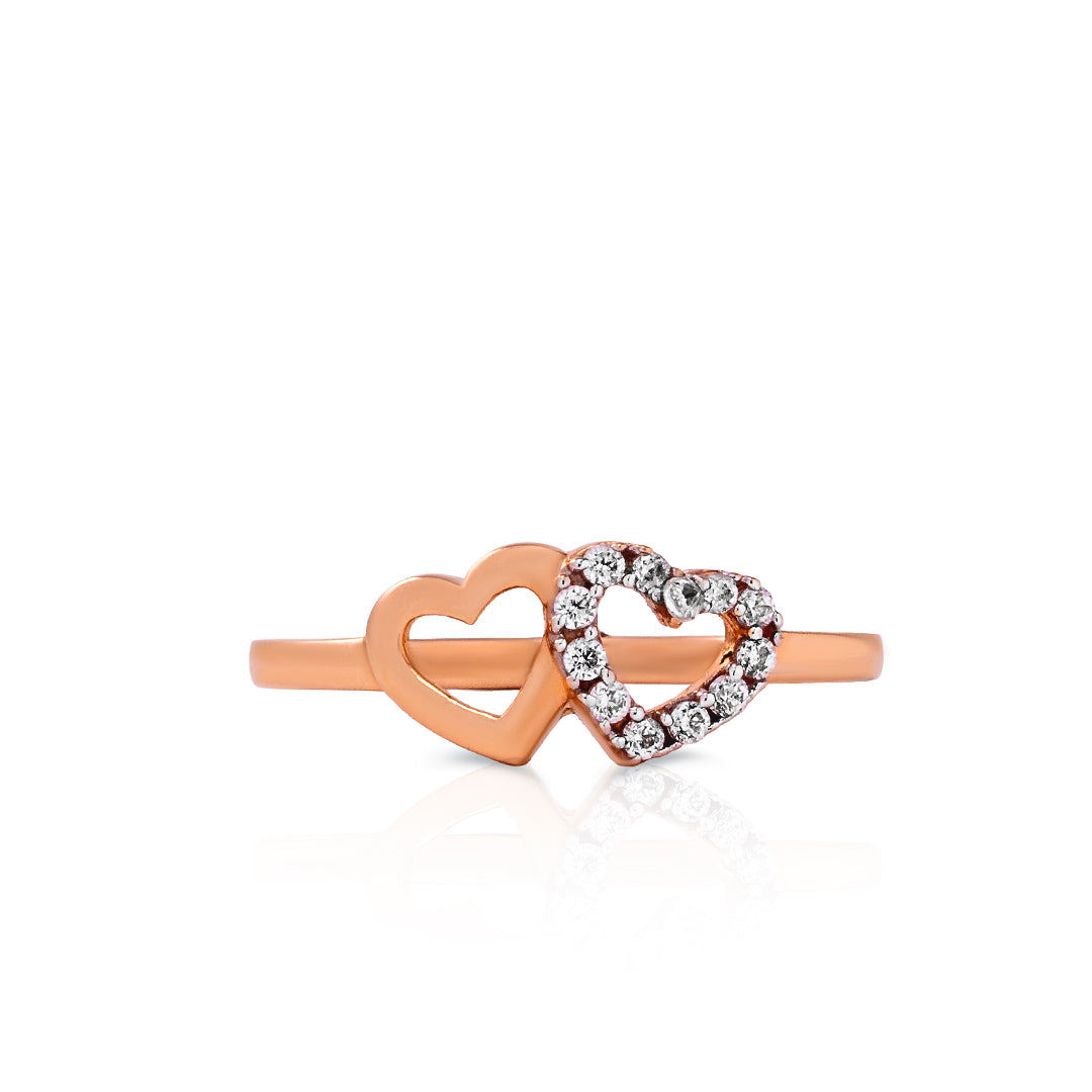 18K Rose Gold Double Heart Design Ring with Stone for Women