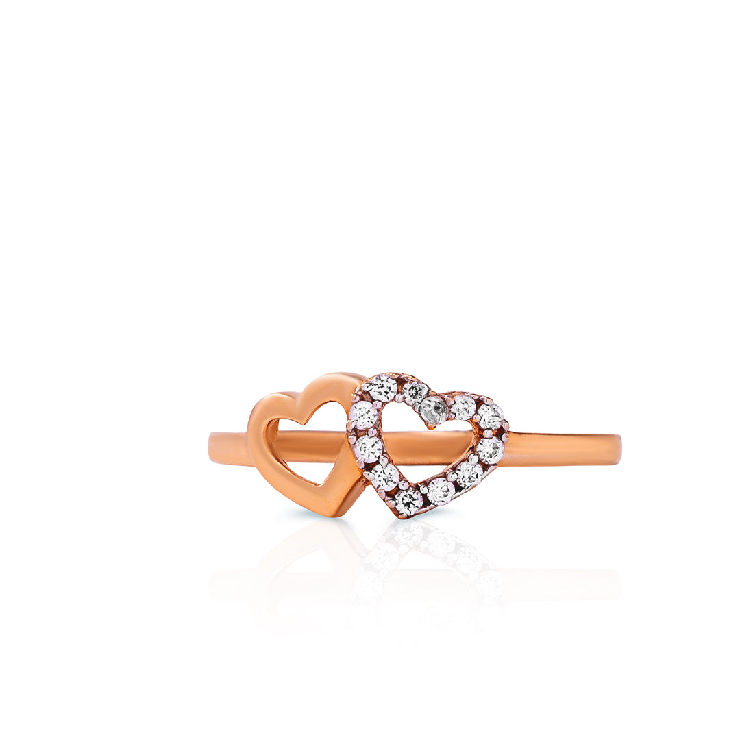 18K Rose Gold Double Heart Design Ring with Stone for Women