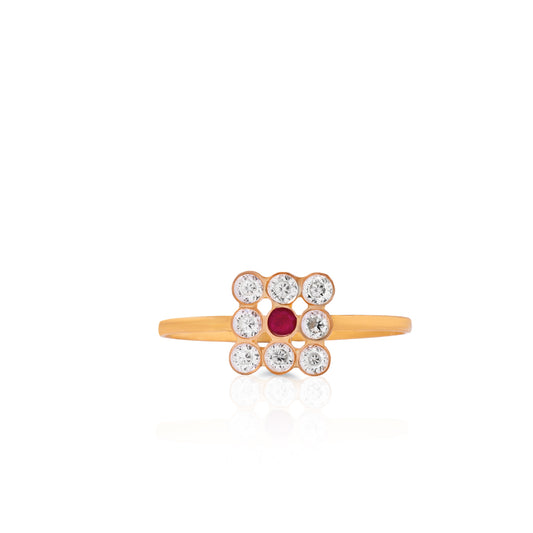 22K Gold Floral Design Ring with Red and White Stones for Women